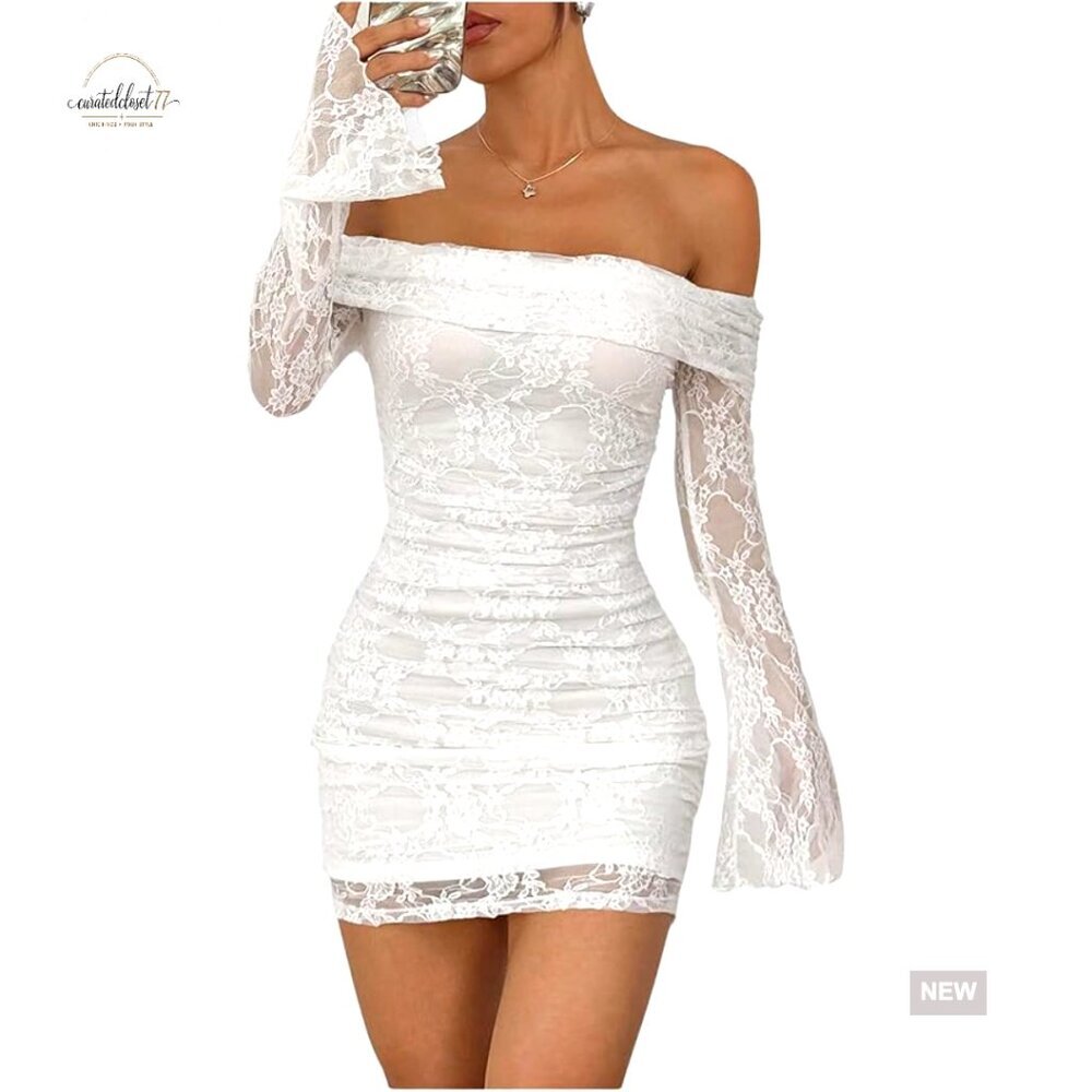 Off Shoulder Lace Bodycon Mini Dress Ruched Bell Sleeve Party
